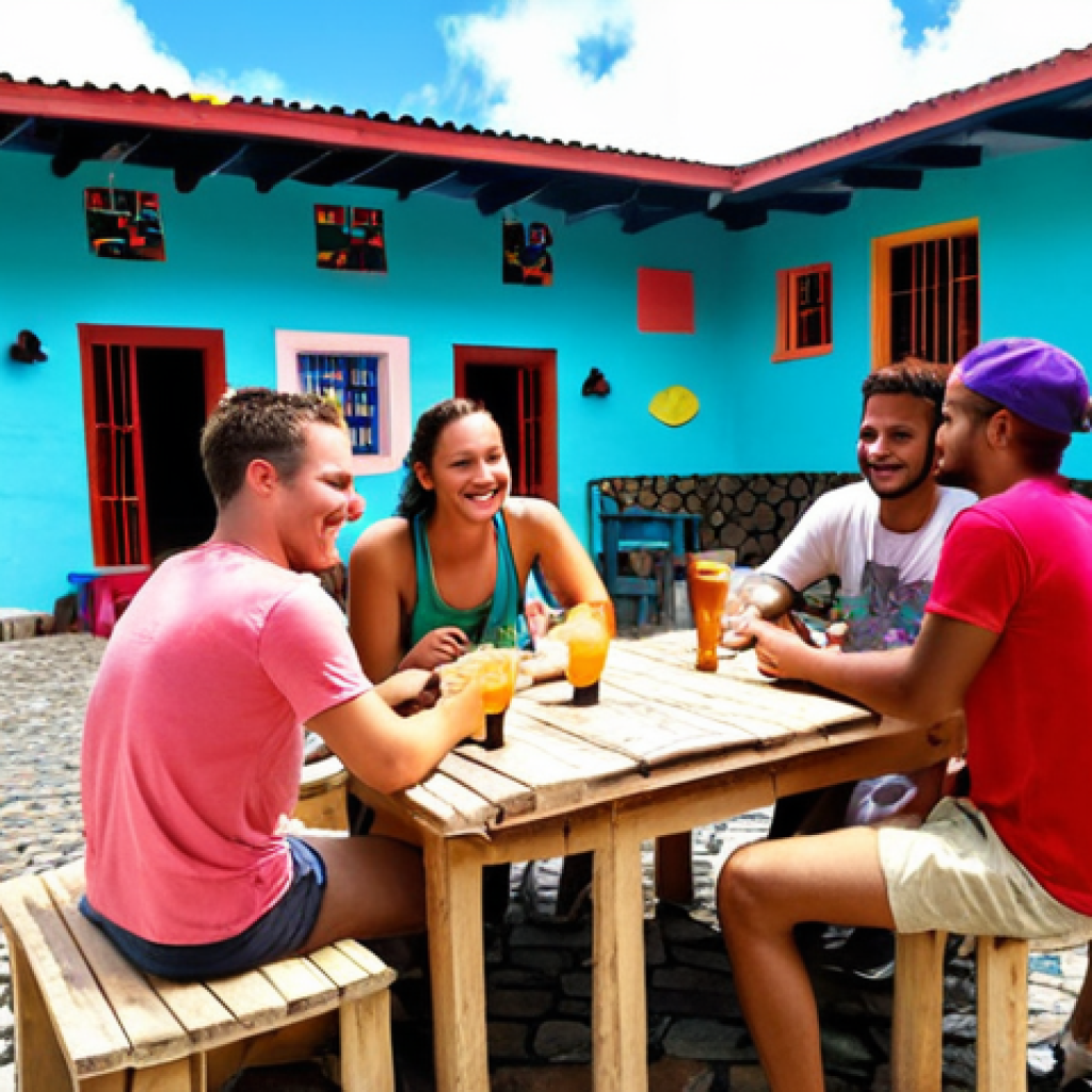 **

"Budget-friendly hostel in Antigua. Backpackers socializing, planning travel routes, Caribbean vibes, vibrant colors, budget travel theme."

**