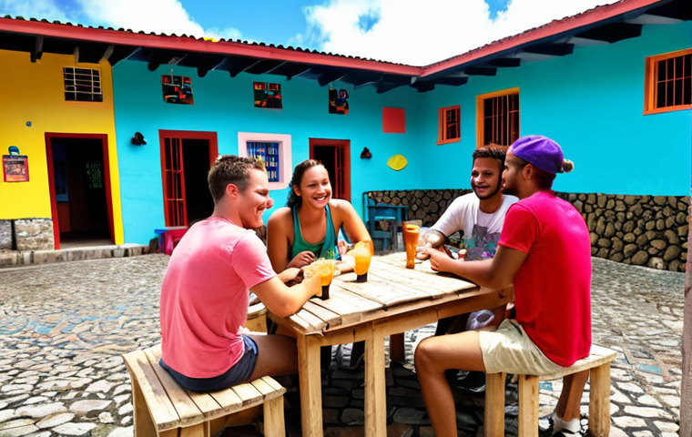 **
"Budget-friendly hostel in Antigua. Backpackers socializing, planning travel routes, Caribbean vibes, vibrant colors, budget travel theme."
**