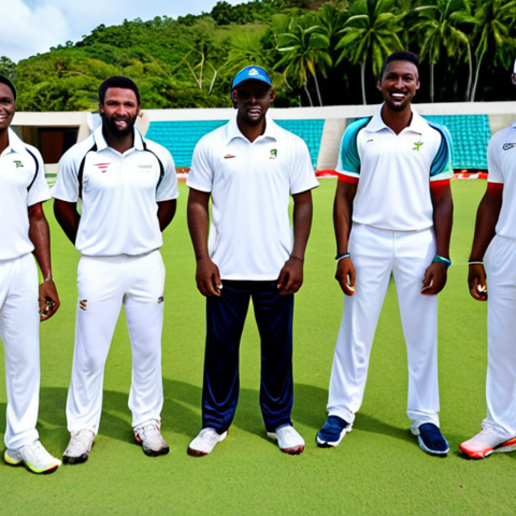 A diverse group of professional Antiguan athletes, including a cricketer in a modest, traditional white cricket uniform and a sprinter in a modest, athletic tracksuit, stand confidently on a lush green sports field with a running track visible in the background. The cricketer holds a bat, and the sprinter is in a natural, upright pose. The setting is vibrant and sunny, showcasing the passion for sports on the island. Fully clothed, appropriate attire, safe for work, professional, perfect anatomy, correct proportions, natural body proportions, well-formed hands, proper finger count, family-friendly, high-quality photography, realistic.