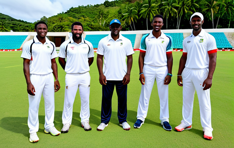 A diverse group of professional Antiguan athletes, including a cricketer in a modest, traditional white cricket uniform and a sprinter in a modest, athletic tracksuit, stand confidently on a lush green sports field with a running track visible in the background. The cricketer holds a bat, and the sprinter is in a natural, upright pose. The setting is vibrant and sunny, showcasing the passion for sports on the island. Fully clothed, appropriate attire, safe for work, professional, perfect anatomy, correct proportions, natural body proportions, well-formed hands, proper finger count, family-friendly, high-quality photography, realistic.