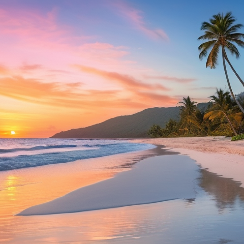 앤티가 바부다 프리먼스 베이 - **A serene golden sand beach at Freeman's Bay during sunrise.** The sky is painted with soft hues of...