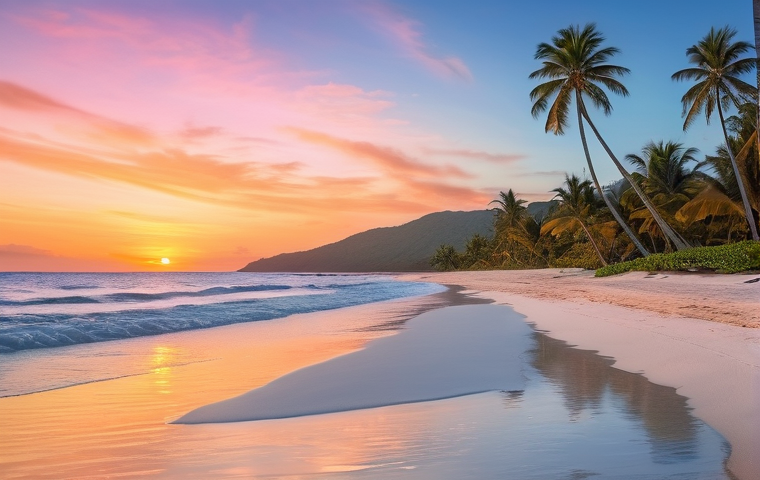 앤티가 바부다 프리먼스 베이 - **A serene golden sand beach at Freeman's Bay during sunrise.** The sky is painted with soft hues of...