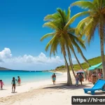 앤티가 바부다 세인트루시아 비교 - A vibrant Caribbean beach scene of Antigua and Barbuda featuring pristine white sandy shores and cry...