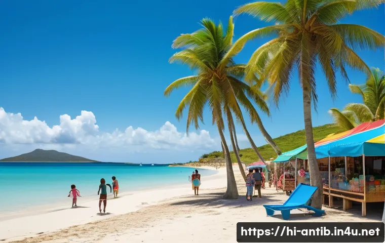 앤티가 바부다 세인트루시아 비교 - A vibrant Caribbean beach scene of Antigua and Barbuda featuring pristine white sandy shores and cry...