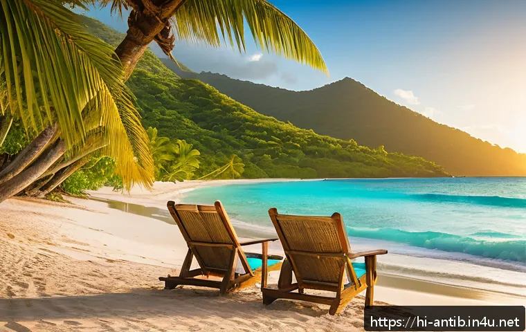 앤티가 바부다 은퇴 이민 - A serene Caribbean beach scene in Antigua and Barbuda during sunrise, featuring lush green palm tree...