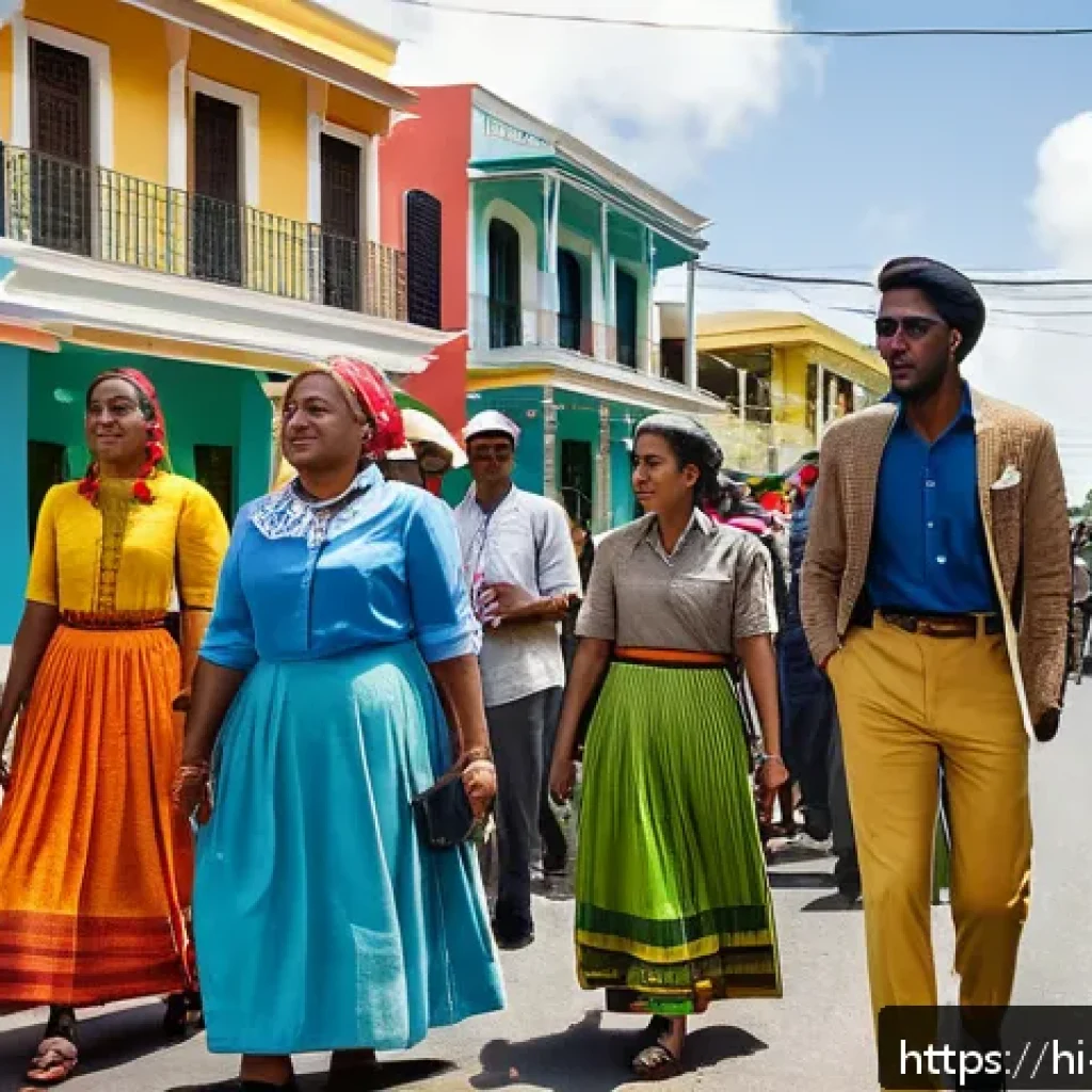 앤티가 바부다 독립 과정 - A vibrant street scene in Antigua and Barbuda during the independence movement era, featuring divers...