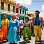 앤티가 바부다 독립 과정 - A vibrant street scene in Antigua and Barbuda during the independence movement era, featuring divers...