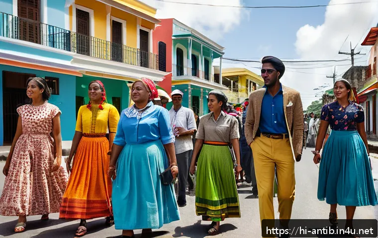 앤티가 바부다 독립 과정 - A vibrant street scene in Antigua and Barbuda during the independence movement era, featuring divers...