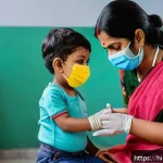 앤티가 바부다 백신 및 건강 관리 - A vibrant and informative scene showing a healthcare worker administering a DPT vaccine to a young I...