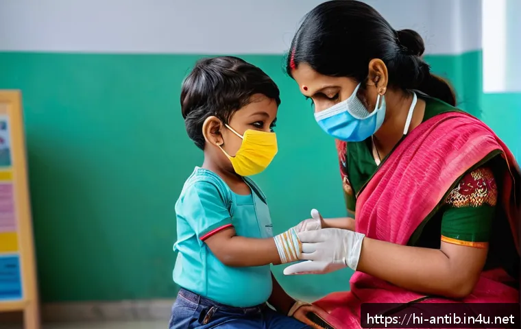 앤티가 바부다 백신 및 건강 관리 - A vibrant and informative scene showing a healthcare worker administering a DPT vaccine to a young I...