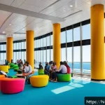 앤티가 바부다 크루즈 터미널 - A vibrant and modern cruise terminal waiting area bustling with diverse travelers, including familie...