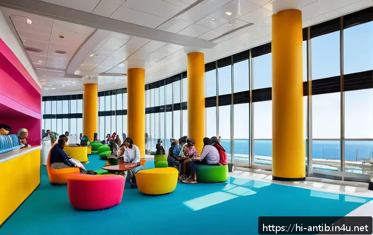앤티가 바부다 크루즈 터미널 - A vibrant and modern cruise terminal waiting area bustling with diverse travelers, including familie...