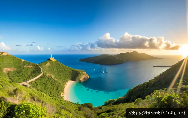 앤티가 바부다 셜리 하이츠 전망대 - Photorealistic wide-angle view from Shirley Heights lookout in Antigua, overlooking English Harbour ...